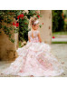 Beaded Neck Pink Printed Organza 3D Floral Romantic Flower Girl Dress